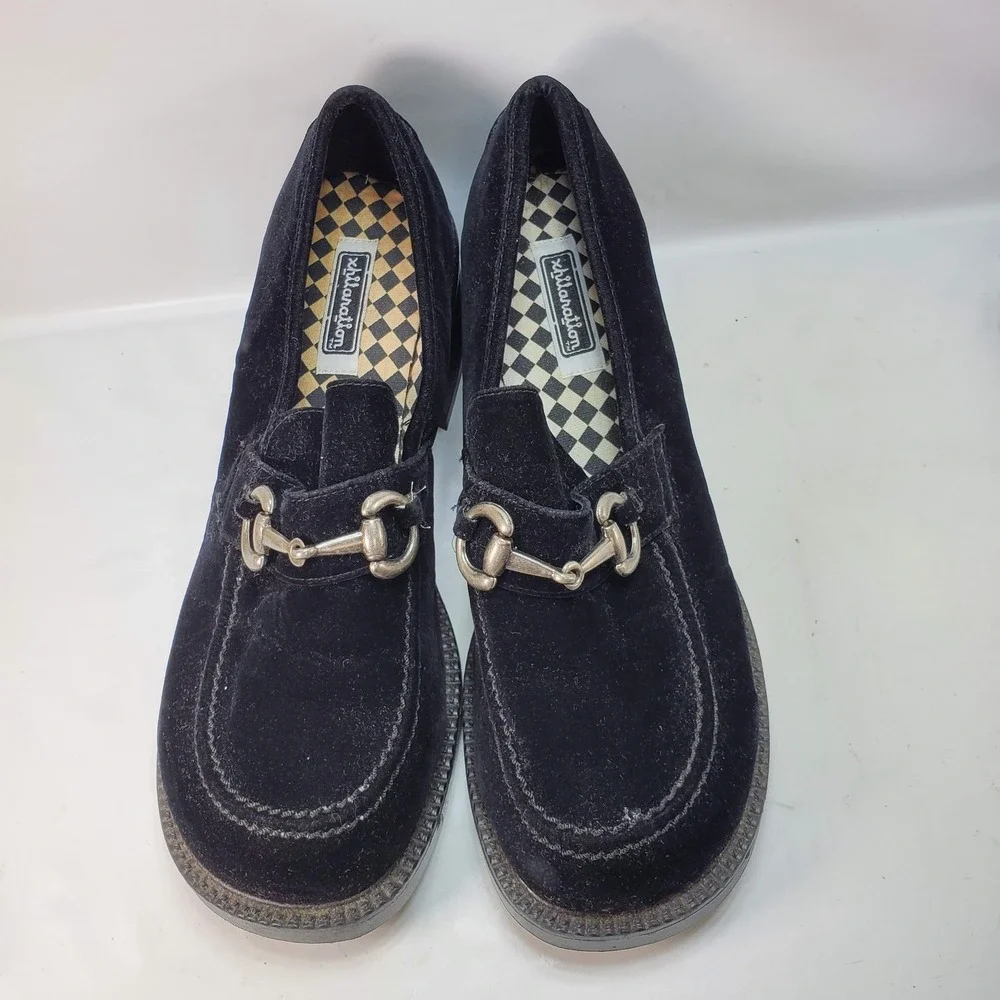 Xhilaration Velvet Loafers Women 10 Black Vintage 90s Chunky Block Heel Bit Goth